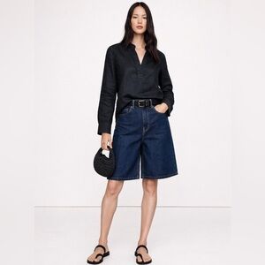 Banana Republic 100% Linen Blouse XS Black Long Sleeve Popover Lightweight Top